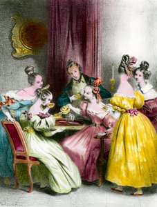 Iltapäivä Salon de the under the Restoration -vedos Achille Deveria (1800-1857) 1800-luvun yksityinen kokoelma tekijältä Achille Devéria