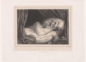 Tyttö nukkuu sängyssä Sommeil / Sleep (otsikko esineessä) tekijältä Achille Devéria
