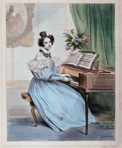 Kello seitsemän illalla, nainen pianofortessa, Devéria, 1800-luvun alku