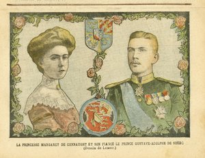 Kuvitus: Achille Lemot (1846-1909) Le Pelerinissä, 21.5.2005 - Prinsessa Margaret of Connaught ja hänen sulhasensa Ruotsin prinssi Gustave-Adolphe - Monarkia, mitali, ulkomaan kuningas, Ruotsi - De Connaught Margaret (1882-1920) , Gustave IV Adolphe of Swe tekijältä Achille Lemot