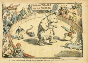 Kuva Achille Lemotista (1846-1909) Le Pelerinissä, 28.02.04 - Eri kansojen asenne... - Venäjä, Venäjän ja Japanin sota - Combes Emile, Bear, Fair Bear - Animaatio, Karnevaali/Peli/Sirkus