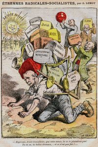 Radikaalisosialistit (sosialistiset radikaalit): Achille Lemotin (1846-1909) sarjakuva Le Pelerinissä (1909) - työntekijä kaatuu verojen, verojen ja hallituksen huonosta hallinnosta johtuvien haittojen alla ja Georges Clemenceau - lakot, d