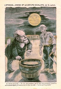 Sosialistijäsen lupaamassa kuun (eläkkeelle) köyhälle proletaarille (puuseppä), Le Pelerin, katolinen viikkolehti N°1391, 30. elokuuta 1903, A. Lemot (piirustus) tekijältä Achille Lemot