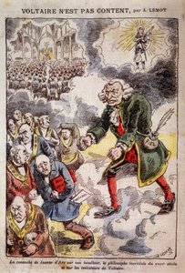 Voltaire ei ole tyytyväinen Achille Lemotiin (1846-1909) - Karikatyyri Francs Maconeista - elokuvassa "Pelerin" 25.04.1909 (kaiverrus)