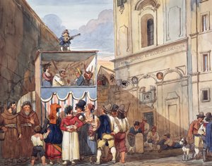 Nukketeatteri roomalaisessa pyhien Quiricon ja Giudittan kirkossa, kirjoittanut Achille Pinelli (1809-1841), akvarelli, yksityiskohta, Italia