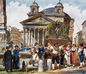 Mansikkafestivaali Pantheonissa Roomassa, Achille Pinellin (1809-1841) akvarelliväri, Italia