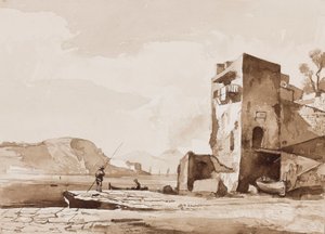 Mahdollisesti näkymä Posillipolta, Vesuvius kaukaa, Borbone-pupillin lisäyksillä (kynä ja seepiapesu paperille) tekijältä Achille Vianelli