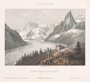 Näkymä Le Chapeaulle Mer-de-Glacen jäätiköllä Le Chapeau (otsikko esineessä) Chamonix-Mont-Blancin muisto (sarjan nimi) Museum du Mont-Blanc (sarjan nimi esineessä)