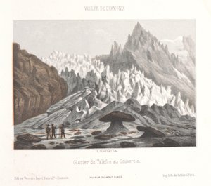 Näkymä Couvercle-kivelle Talèfren jäätiköllä Glacier du Talèfre au Couvercle (otsikko esineessä) Chamonix-Mont-Blancin muisto (sarjan nimi) Museum du Mont-Blanc (sarjan nimi esineessä)