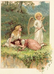 Lumivalkoinen, ruusunpunainen ja enkeli (chromolitho)