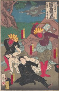 Kabuki-esitys, jossa on mukana punaisia intiaaneja ja kubuki-näyttelijöitä, 1800-luvun lopulla.