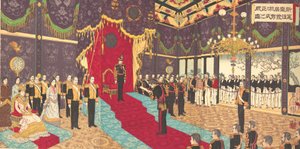 Näkymä valtion perustuslain antamisesta valtion kamarissa, 2. maaliskuuta 1889 Meiji 22.