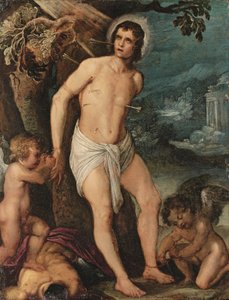 Pyhä Sebastian, enkeleitä (öljy kuparilla) tekijältä Adam (circle of) Elsheimer