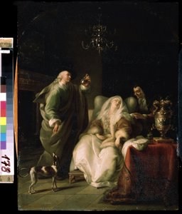""La consult du medecin"" (Sairas nainen ja lääkäri) Lääkäri tutkii virtsapullon sairaan naisen konsultaation aikana. Adam Braunin (1748-1827) maalaus Mikhail Kroshitskyn taidemuseo, Sevastopol (Sevastopol) Ukraina tekijältä Adam Braun