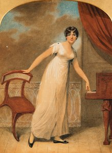 Naisen muotokuva, joka seisoo koko pituudeltaan valkoisessa pianon mekossa, 1801