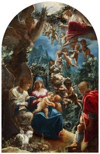 Italian: sacra famiglia con san giovannino e un angelo Pyhä perhe, jossa on Johannes Kastaja ja enkeleitä. tekijältä Adam Elsheimer