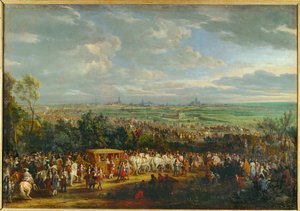 Ludvig XIV:n ja Itävallan Marie Theresen saapuminen Arrasiin ... (maalaus kankaalle) tekijältä Adam Frans van der Meulen