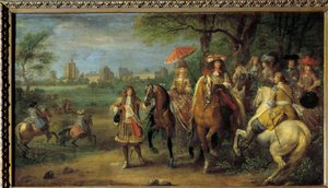 Kuningas Ludvig XIV (1638-1715) ja Itävallan kuningatar Marie-Therese (1638-1683) kävelemässä Vincennesin linnan edessä vuonna 1669 Adam Frans Van der Meulenin (1632-1690) maalaus tekijältä Adam Frans van der Meulen