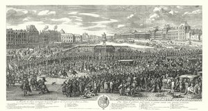 Ranskalainen Louis XIV ja hänen vartijansa ylittävät Pont-Neufin Pariisissa matkalla Palais du Louvreen (kaiverrus) tekijältä Adam Frans van der Meulen