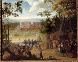 Näkymä Versaillesiin vuonna 1664 Ranskan kuninkaan Ludvig XIV:n (1638-1715) ja muskettisoturikomppanian kanssa. Adams Frans Van der Meulenin (1632-1690) maalaus tekijältä Adam Frans van der Meulen