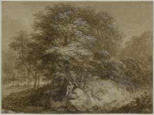 Varjoisa metsä, jossa nymfi istuu puun alla tekijältä Adam Friedrich Oeser