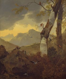 Vuoristoinen maisema vuohien ja lintujen kanssa, n. 1657