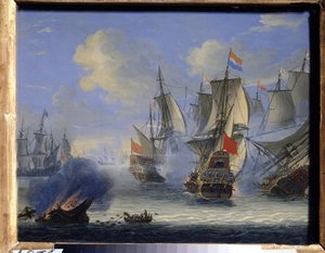 Meritaistelu (meritaistelu). Adam Silon (1674-1757) maalaus. Öljy kankaalle, 25 x 33,5 cm. Hollantilainen taide, barokkitaide. Valtion taidemuseo, Tula (tai Tolan).