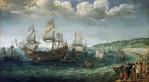 Wittelsbachin Fredrik I:n (1596-1632), Pfalzin vaaliruhtinaan (josta tulisi Böömin kuningas), nousu Prince Royal -alukseen Doverissa (Englanti) 25. huhtikuuta.