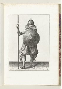 Harjoitus kilven ja keihään kanssa: sotilas palauttaa keihään kolme kertaa lepoasentoon, kolmas liike (nro 12), 1618 Nassausche Wapen-Handelinge, van Schilt, Vakoilijat, Rappier ja Targe: Beyde figuerlick kuvattu, pää kehystetty tekijältä Adam van Breen