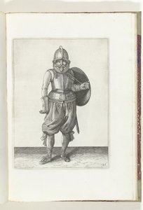 Kilpi ja piikki -harjoitus: Sotilas palauttaa kilven selkään vasemmalla kädellään (nro 26), 1618 De Nassausche Wapen-Handelinge, van Schilt, Spies, Rappier ende Kohde : Beyde figuerlick kuvattu, ende kehystetty uuden järjestyksen mukaan (..