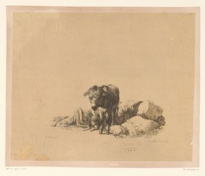 Seisova aasi makaavalle koiralle ja nukkuvalle miehelle Kuusi vedosta Adam von Bartschin piirustusten jälkeen Heinrich Xaver Ritter von Hauerin kokoelmassa (sarjan nimi) Six estamppes gravies par Adam de Bartsch d
