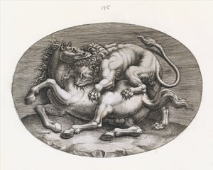 Roomalaisen loiston peili: Leijona hyökkää hevosta vastaan, c1540-80.
