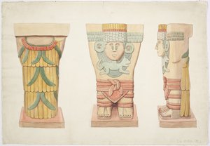 Caryatid II, ulkokammio, Jaguaarien ylempi temppeli (temppeli A), Chichen Itza, Meksiko (akvarelli) tekijältä Adela Breton