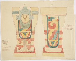 Karyatidi ulkokammiosta, Jaguaarien ylempi temppeli (temppeli A), pallokenttä, Chichen Itza (akvarelli) tekijältä Adela Breton