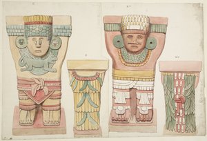 Karyatidit II ja XV ulkokammiosta, Jaguaarien ylempi temppeli, Chichen Itza, Meksiko (akvarelli) tekijältä Adela Breton