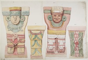 Karyatidit II ja XV ulkokammiosta, Jaguaarien ylempi temppeli, Chichen Itza, Meksiko (akvarelli) tekijältä Adela Breton