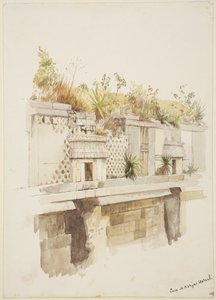 Casa de Monjas, Uxmal, Meksiko Raunioiden yläkerran maalaus (akvarelli) tekijältä Adela Breton