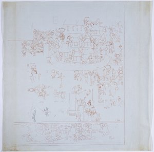 Kopio täydellisestä seinämaalauksesta länsiseinästä, Jaguaarien ylempi temppeli, Chichen Itza, Meksiko Sisäkammio länsiseinällä Piirretty punaisella musteella (punaisella ja mustalla musteella ja grafiitilla) tekijältä Adela Breton