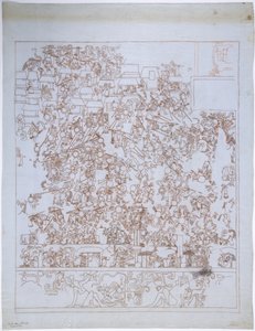 Kopio seinämaalauksesta, Jaguaarien ylempi temppeli, South End, West Wall, Upper Temple of the Jaguars, Chichen Itza, Meksiko (punainen muste ja grafiitti) tekijältä Adela Breton
