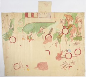 Maalaus itäseinältä, Jaguaarien ylempi temppeli, Chichen Itza, Meksiko (akvarelli, vartaloväri, grafiitti) tekijältä Adela Breton
