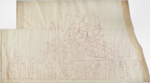 Seinämaalauksen jäljitys eteläholvikatot, Jaguaarien ylempi temppeli, Chichen Itza, Meksiko    (punainen muste) tekijältä Adela Breton
