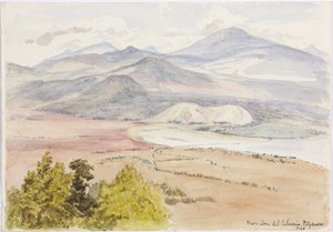 Näkymä Cerro del Calvariosta, Patzcuaxosta paperin toisella puolella ja toisella on näkymä muinaiseen linnoitukseen ja kivikumpuihin, Iguatcho Cerro del Calvariosta, Patzcuaro, Michoacan, Meksiko (akvarelli) tekijältä Adela Breton