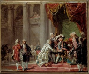 Viimeisen suurmestarin, Provencen kreivin (tuleva kuningas Ludvig XVIII) (1755-1824) vastaanotto Jerusalemin Pyhän Lasaruksen ritarikunnan ja Karmel-vuoren Neitsyt Marian ritarin vastaanotto Ludvig XVI:n Adelaide Labille Guiardin (1749-) maalauksen alla 18