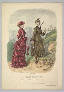Nainen metsästysasussa ja nainen kävelyasussa vuoristopolulla La Modesta..., 1881. tekijältä Adèle Anaïs Colin