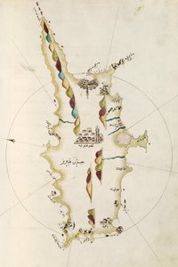 Kyproksen saaren kartta, kuvitus Portolanon kartasta, amiraali Piri Reis (1465-1470 - 1553-1554) tekijältä Admiral Piri Reis