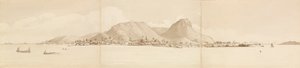 "Raiatean panoraama, 1. syyskuuta 1849. Oikealla Tahaa [Yhteiskuntasaaret]".