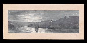 Tyne-joen suu ja North ja South Shields kuunvalossa, noin 1840 (akvarelli, raaputus, paperi).