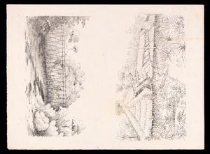 Stang-heimon kylä, Sarawak, Borneo; ja pylväistä koostuva silta joen yli Länsi-Intian, Pohjois-Amerikan ja Borneon leikekirjasta, noin 1845 (litografia).