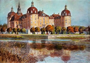Näkymä Moritzbourgin linnalle Adolphe Notherin (1855-?) grafiikkaa 1800-luvun Pariisi, koristetaide tekijältä Adolf Noether