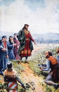 Kaarle IV tarkastaa viinirypäleitä rohkaistessaan viininvalmistusta Böömissä, 1900-luvun alussa (värilitografia). tekijältä Adolf (after) Liebscher